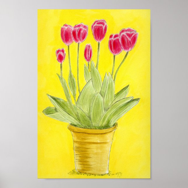 Poster Red tulips in a pot  (Devant)