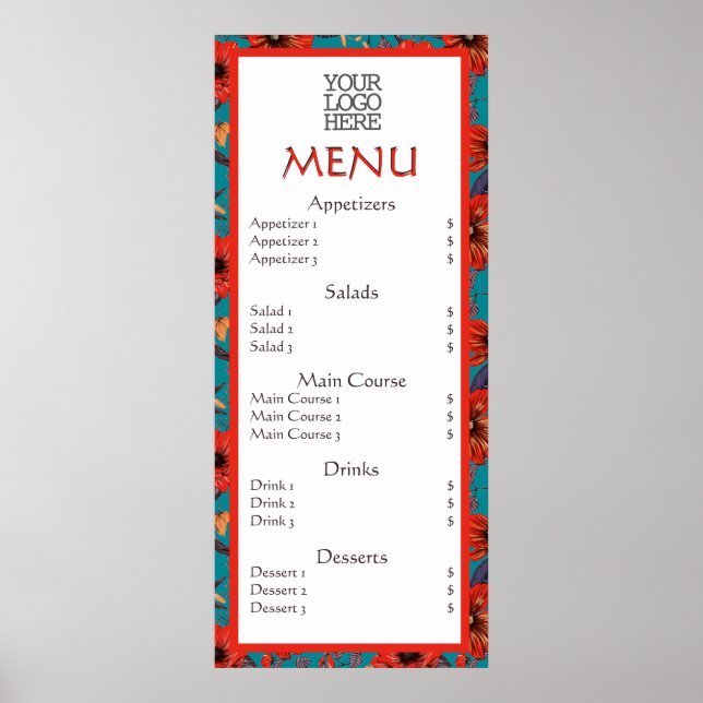 Poster Red Turquoise Floral Café Restaurant Menu (Devant)