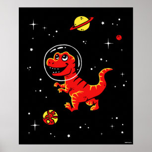 Poster Red Tyrannosaurus Rex Dinos Dans L'Espace
