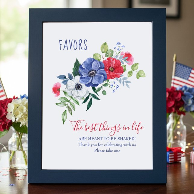 Poster Red White and Blue Floral Favor Table Sign (Favor Table Sign with red white and blue floral bouquet - perfect for patriotic themed celebrations)