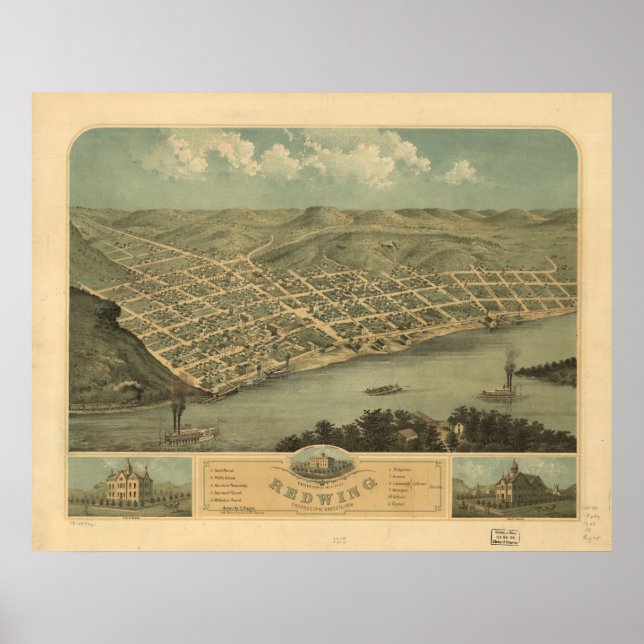 Poster Red Wing Minnesota 1868 Antique carte panoramique (Devant)