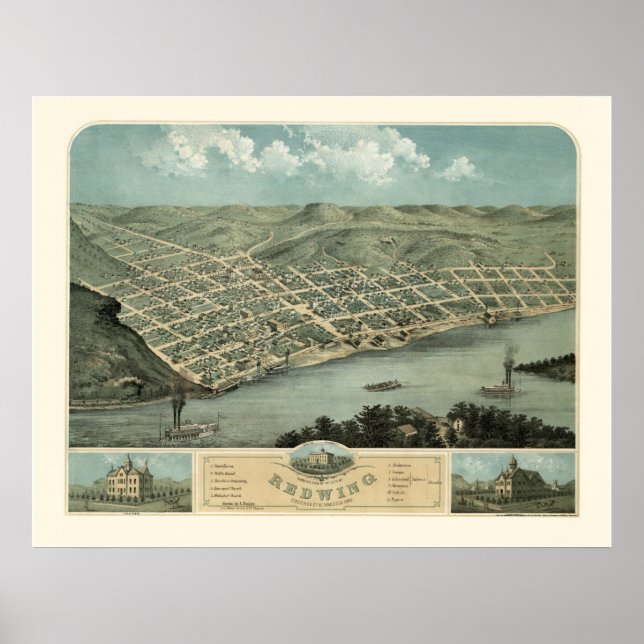 Poster Red Wing, MN Carte panoramique - 1868 (Devant)
