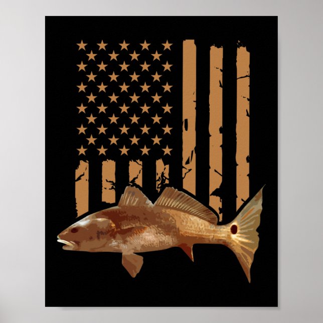 Poster Redfish Fishing Red Drum Tailing Usa American Flag (Devant)