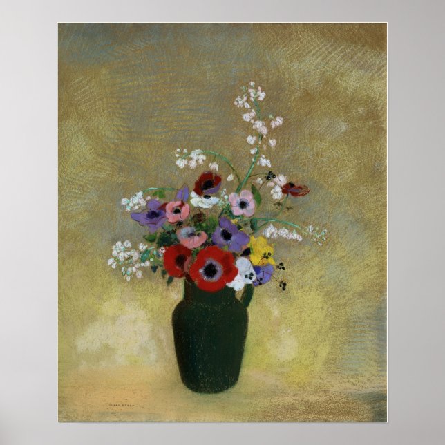 Poster Redon - Grand Vase Vert Avec Fleurs Mixtes (Devant)
