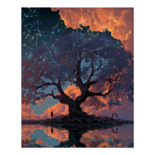 Poster Reflet d'arbre de coucher de soleil enflammé Fanta