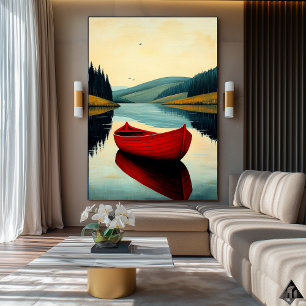 Poster Reflet de Bateau Rouge – Art Naïf de Lac Serein