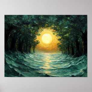 Poster Reflet de forêt au coucher du soleil – Soleil doré