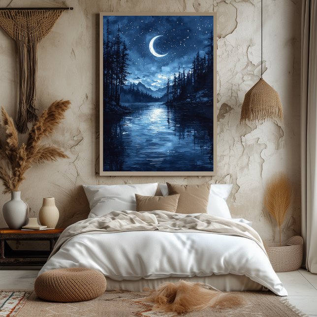 Poster Reflet du lac au clair de lune en monochrome bleu (Créateur téléchargé)