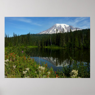 Poster Reflet du lac du mont Rainier avec des fleurs sauv