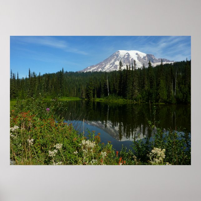 Poster Reflet du lac du mont Rainier avec des fleurs sauv (Devant)