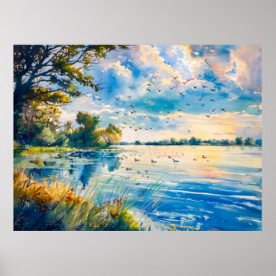 Poster Reflets du coucher de soleil sur l'aquarelle de Ha