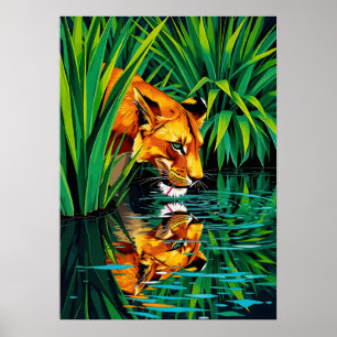 Poster Réflexion de la lionne de la jungle - Art de l'eau