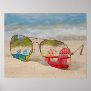 Poster Réflexion des chaises de plage dans les lunettes d