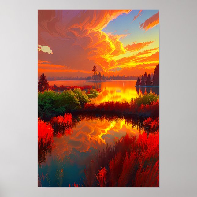 Poster Réflexion sur le coucher de soleil, lac Baigné dan (Devant)