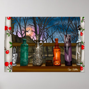 Poster Réflexion   Vases en verre coloré dans la fenêtre