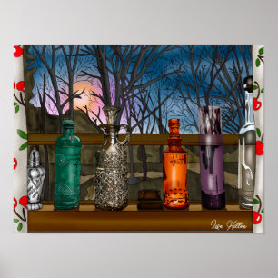 Poster Réflexion   Vases en verre coloré dans la fenêtre
