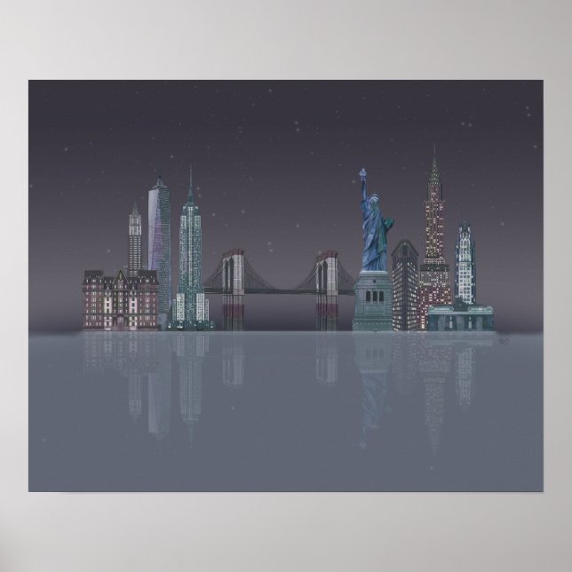 Poster Réflexions de la nuit New York Skyline (Devant)