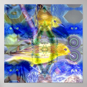 Poster Réflexions de nature I - or et oiseaux bleus