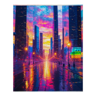 Poster Réflexions de Neon sur le paysage au coucher du so