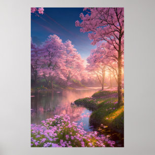 Poster Réflexions sur le coucher du soleil sur la rivière