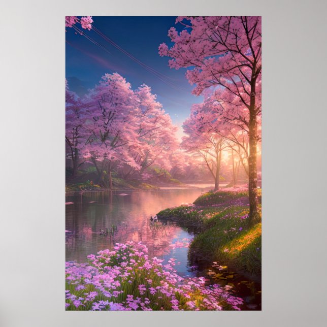 Poster Réflexions sur le coucher du soleil sur la rivière (Devant)