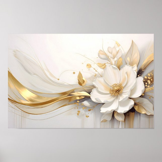 Poster  Regal Abstraction: A White Rose Embracing Golden  (Devant)