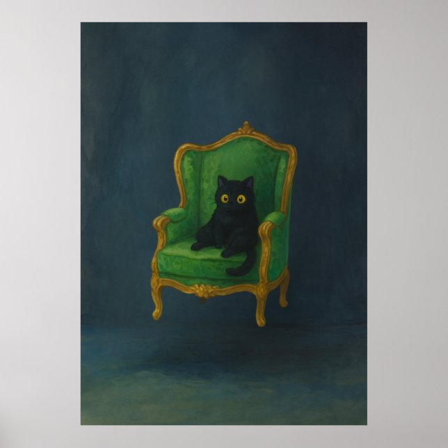 Poster Regal Chat noir sur fauteuil vert (Devant)