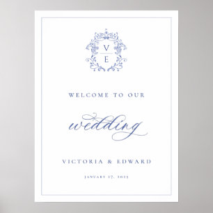 Poster Regency Blue Crest Monogram Mariage Bienvenue