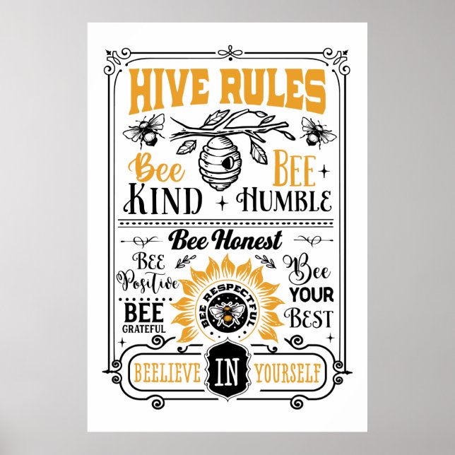 Poster règle de la ruche d'abeille mignonne art du mot (Devant)