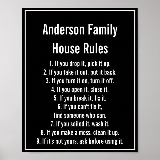 Poster Règlement de la maison Texte noir et blanc Nom de  (Devant)