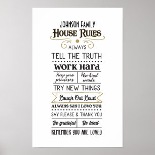 Poster Règles de la maison avec nom de famille Black Gold