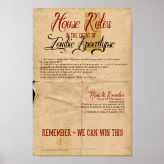 Poster Règles de la maison Zombie Apocalypse Vintage