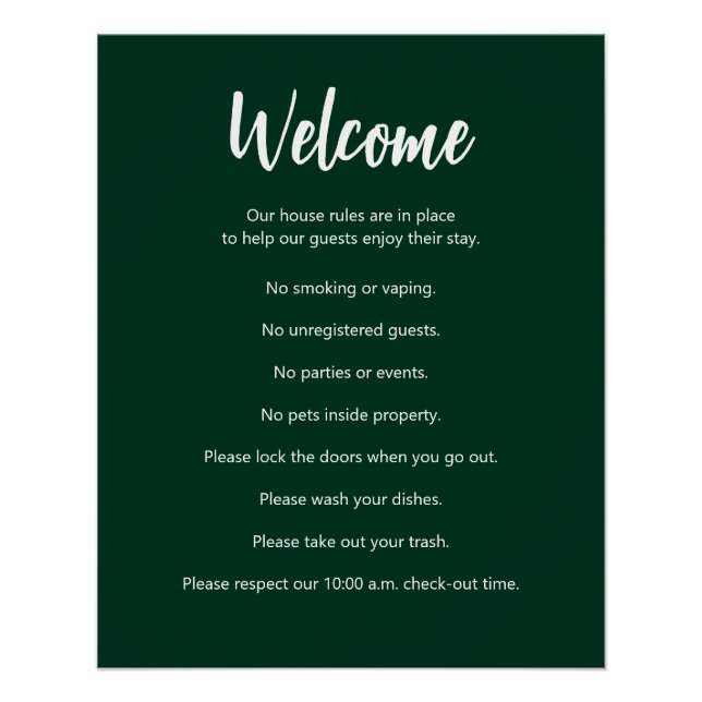 Poster Règles de location de vacances Vert foncé et blanc (Devant)