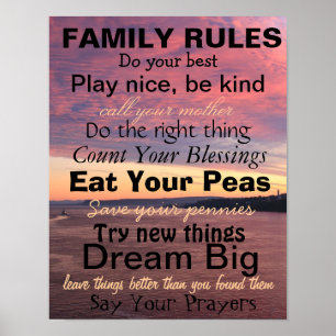 Poster RÈGLES FAMILIALES, Mots de sagesse, Coucher de sol