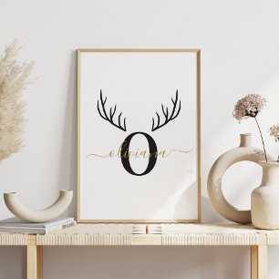 Poster Reindeer Antler   Élégant Noël Monogramme