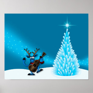 Poster Reindeer Dancing Guitare Joyeux Arbre de Noël Bleu