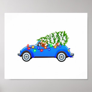 Poster Reindeer driving a beetle with christmas treeb