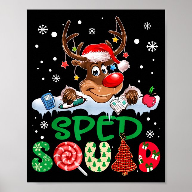 Poster Reindeer Santa Hat Sped Squad Teacher Funny Christ (Devant)