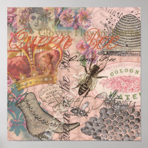 Poster Reine Abeille Vintage Beau Collage