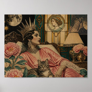 Poster Reine de conte de fées rétro et son chat au lit