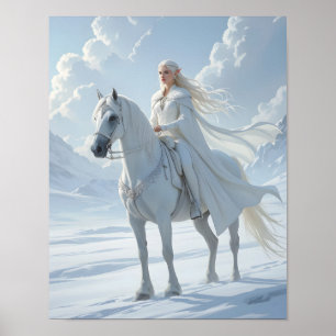 Poster Reine elfe chevauchant un majestueux cheval blanc