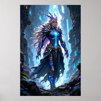 Poster reine guerrière de fantasy marchant à travers un p