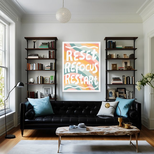 Poster RÉINITIALISER REFOCUS REDÉMARRER Lettres de bulles (RESET REFOCUS RESTART Colorful Fun Bubble Letters Poster Wall Art Inspirational Quote)