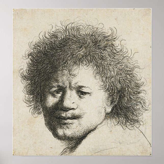 Poster Rembrandt - Autoportrait, cheveux longs broussaill (Devant)