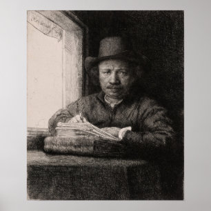 Poster Rembrandt - Dessin Autoportrait À La Fenêtre