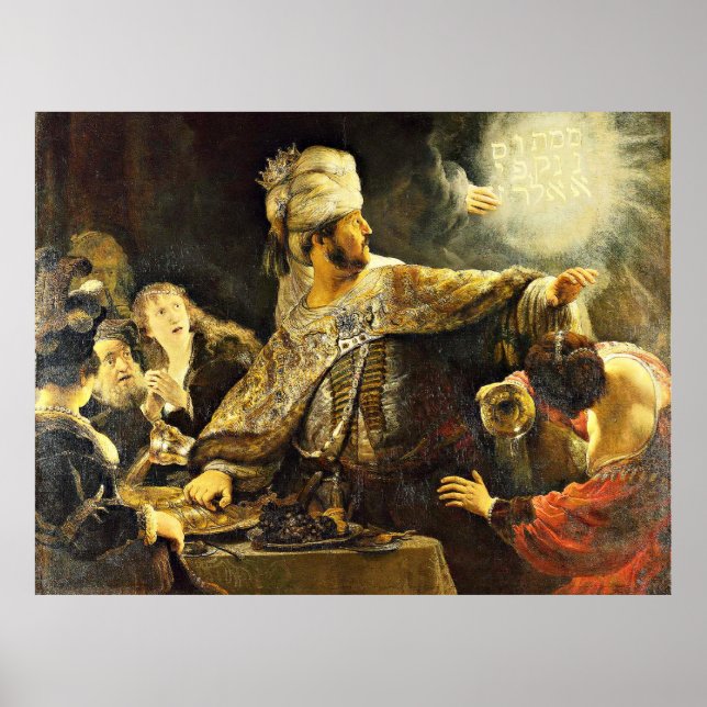 Poster Rembrandt - Fête de Belshazzar, peinture religieus (Devant)