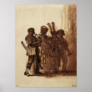 Poster Rembrandt - Quatre Musiciens Avec Instruments À Ve
