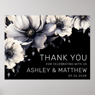 Poster Remerciements de mariage élégants noir blanc flora