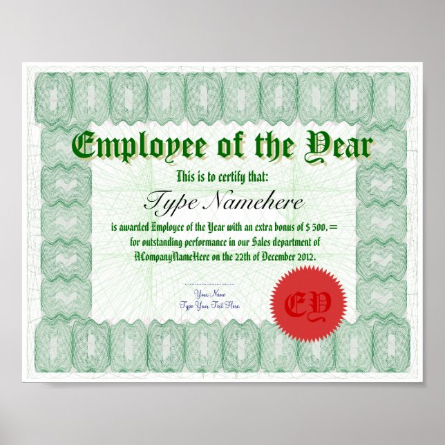 Poster Remise d'un prix de certificat d'employé de l'anné (Devant)