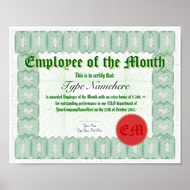 Poster Remise d'un prix de certificat d'employé du mois (Devant)